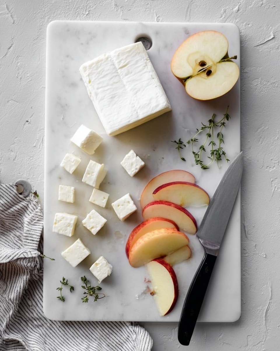 The image shows a white marble cutting board on a white marbled texture surface with a gray and white striped cloth nearby. On the board, there is a large wedge of white soft cheese on the top left, several small square pieces of the same cheese arranged below it, and several apple slices with red skin and pale yellow flesh spread out in two groups on the right side. Near the top right, there are two apple halves with visible seeds and some small green herb sprigs scattered above the apples. A knife with a black handle and silver blade rests on the bottom right edge of the board. Photo taken with an iphone --ar 4:5 --v 7