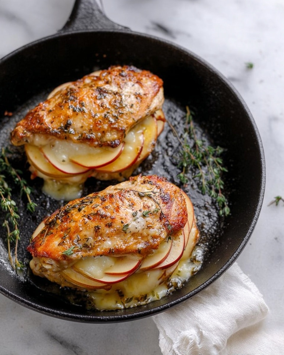 The image shows two cooked chicken pieces in a black skillet, each layered with thin slices of red-skinned apple and white melted cheese between the layers. The chicken has a golden brown, slightly crispy skin with visible herbs sprinkled on top. Small sprigs of fresh thyme are placed around the chicken inside the skillet. The skillet is on a white marbled surface, with part of a white cloth visible near the bottom edge. The colors highlight the golden and red tones of the chicken and apple slices, creating a warm and appetizing look. photo taken with an iphone --ar 4:5 --v 7