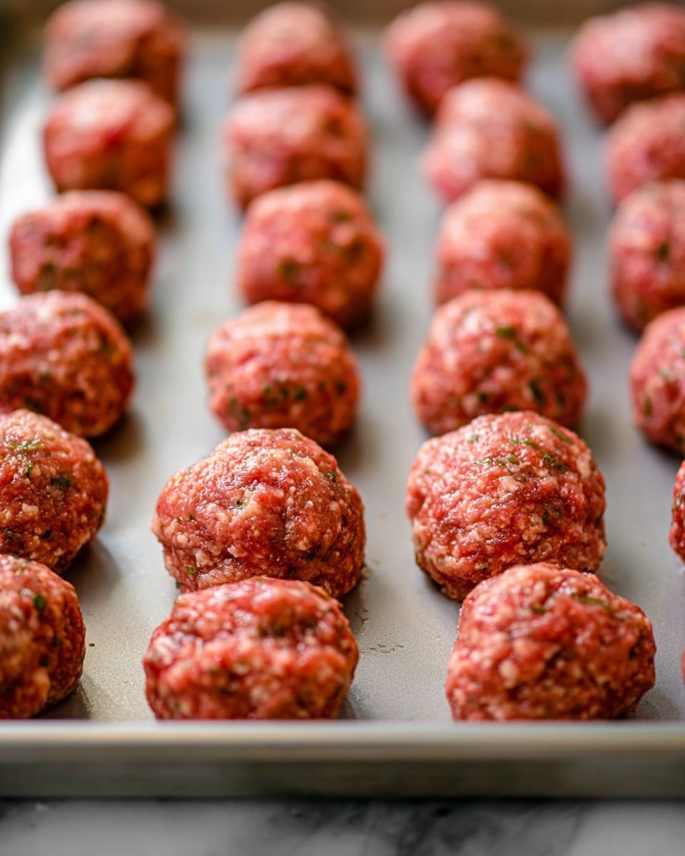This image shows a metal baking tray filled with five rows of fresh, uncooked meatballs. The meatballs are round and reddish-pink with visible specks of herbs and seasoning mixed in. Each meatball has a slightly rough texture and is evenly spaced on the tray. The tray sits on a white marbled surface, and the photo is focused on the front few meatballs, with the rest softly fading into the background, creating a shallow depth of field effect. photo taken with an iphone --ar 4:5 --v 7