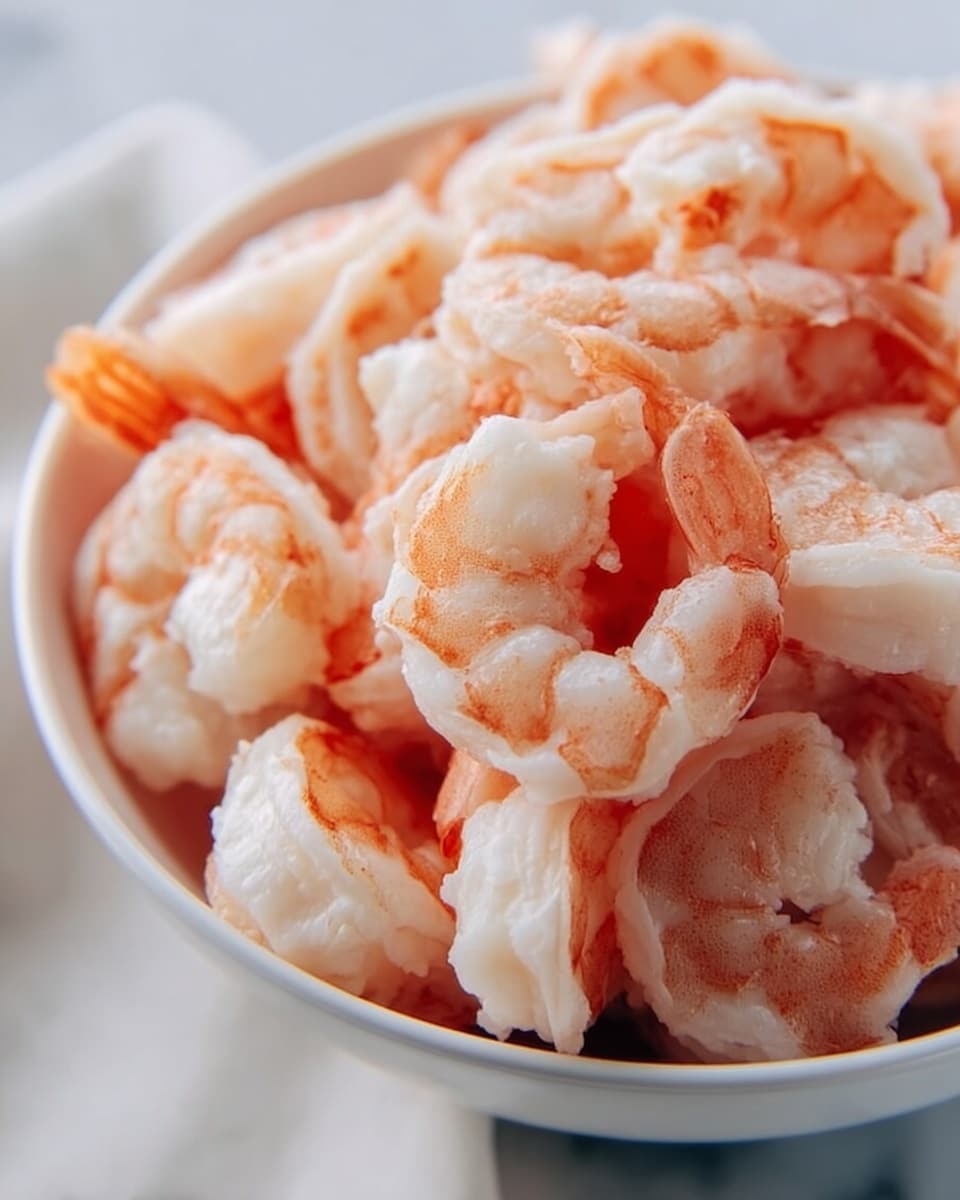 A close-up view of a white bowl filled with many cooked shrimp. The shrimp are piled up, showing their curved shape with white and light orange colors, and smooth texture. The bowl is placed on a white marbled surface. photo taken with an iphone --ar 4:5 --v 7