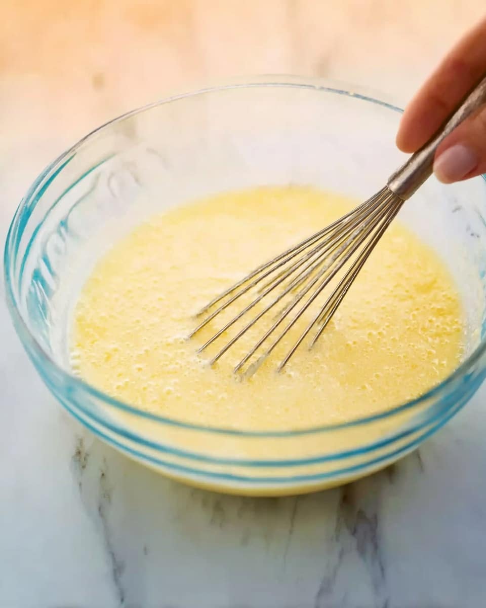 A clear glass bowl filled with a pale yellow, slightly bubbly mixture that looks soft and smooth. A metal whisk is inside the bowl, resting at an angle with its handle held by a woman's hand. The bowl is placed on a white marbled surface, and the background is softly blurred with warm tones. Photo taken with an iphone --ar 4:5 --v 7