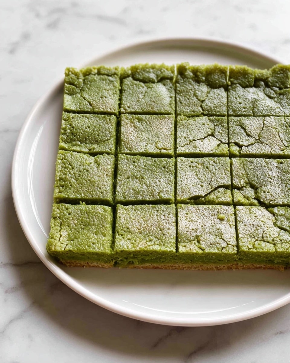 A square green baked dessert, divided into 16 smaller squares with visible cracks on the slightly puffy surface, sits on a white plate. The dessert has a firm, textured crust around the edges, and the green surface has a mix of smooth and rough patches with small bubbles. The white plate rests on a white marbled surface, giving a clean and simple look. photo taken with an iphone --ar 4:5 --v 7
