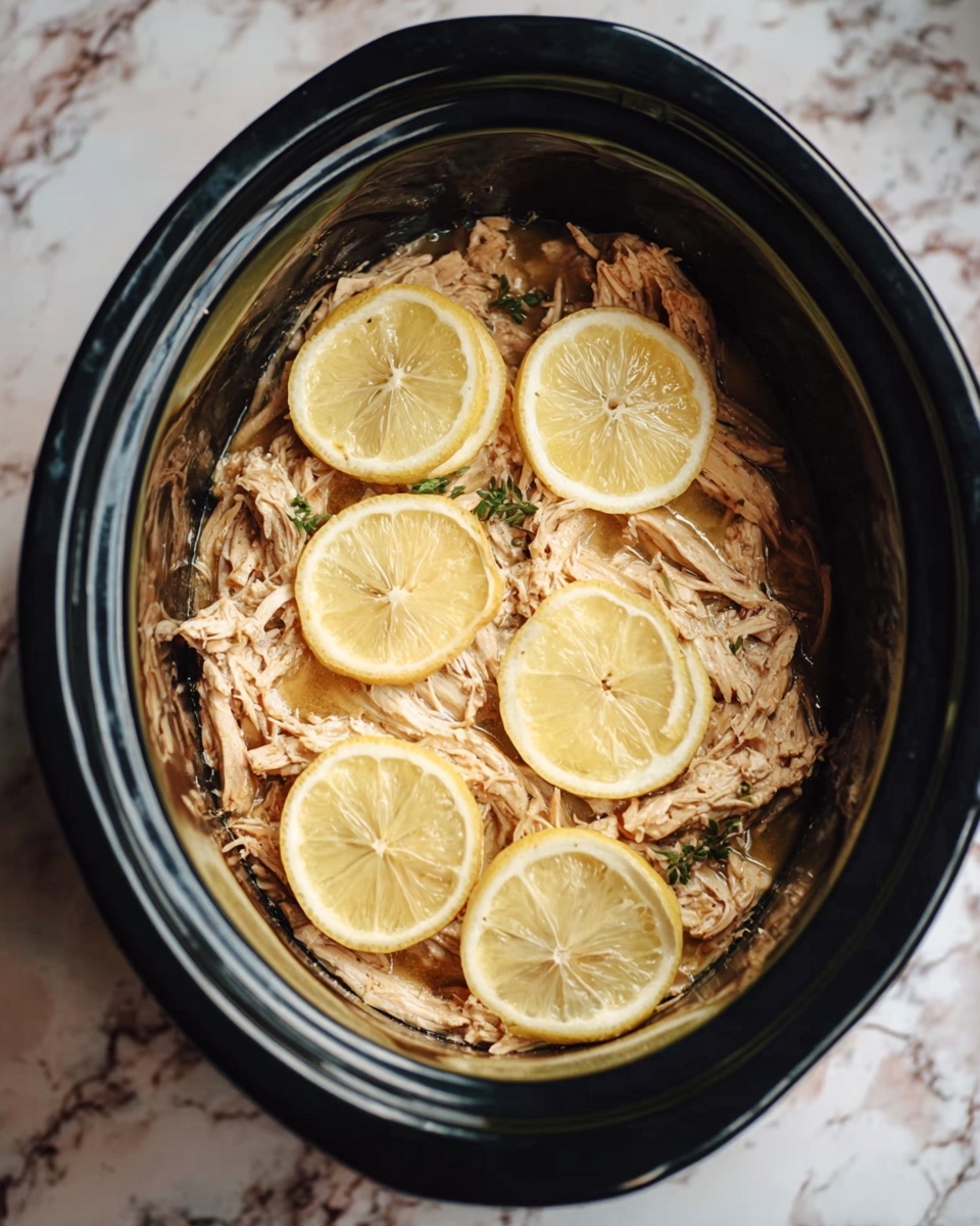 The image shows a slow cooker filled with cooked chicken layered at the bottom, covered with a light brown shredded texture. On top of the chicken, there are five thin lemon slices placed evenly across the surface, adding a bright yellow contrast. The slow cooker is black with a clean white marbled surface beneath it. Photo taken with an iphone --ar 4:5 --v 7