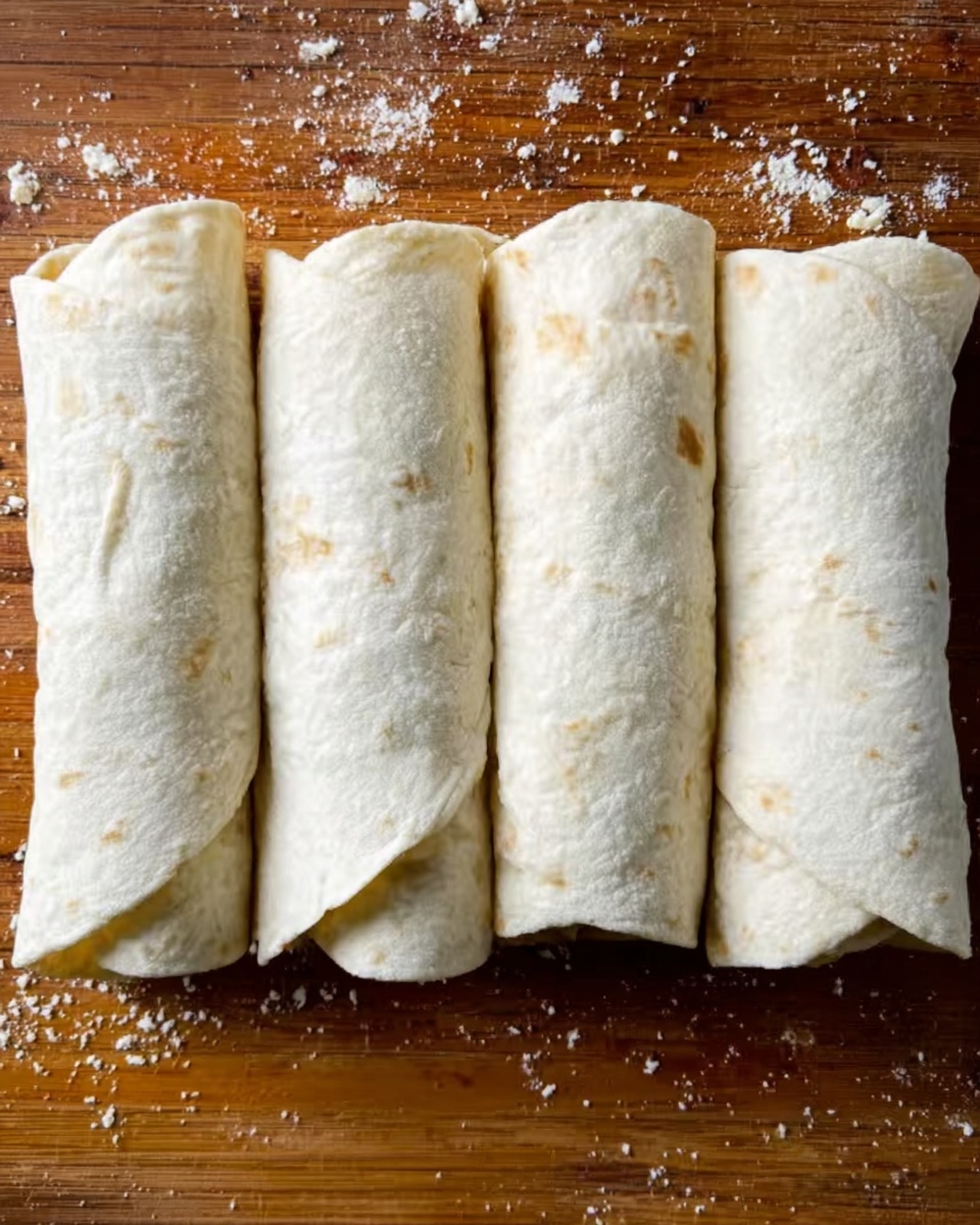 Four rolled burritos are placed side by side on a wooden surface with small white crumbs scattered around them. Each burrito is wrapped tightly in a soft, white tortilla showing light texture and slight wrinkles on the surface. The burritos appear uncooked or lightly cooked, with smooth, pale outer layers. The overall look is simple and neat, arranged in a straight row. Photo taken with an iphone --ar 4:5 --v 7