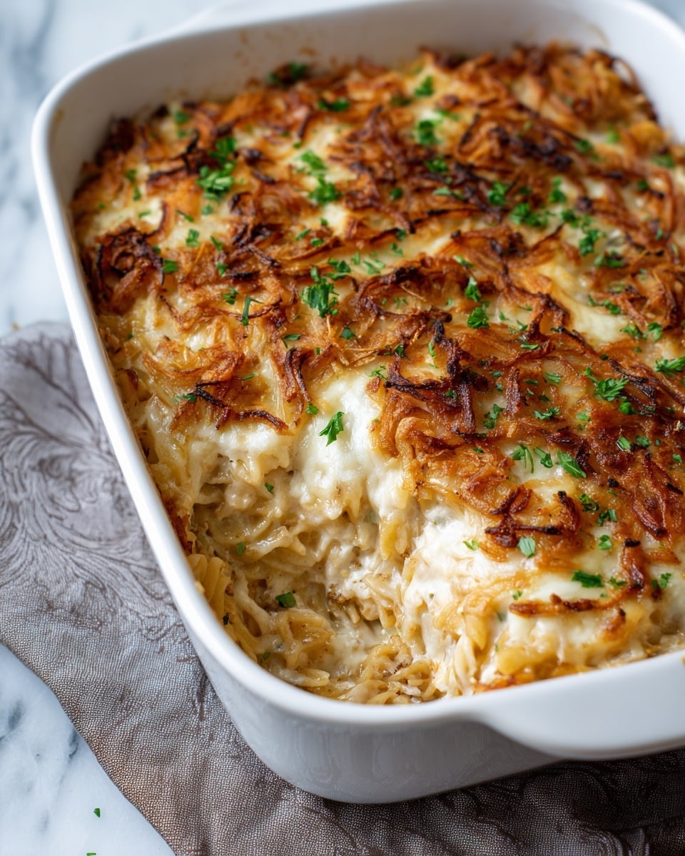 A white baking dish filled with a baked pasta casserole showing three visible layers: the bottom layer is a creamy beige pasta mixed with sauce, the middle layer is melted, light golden cheese creating a smooth, bubbly texture, and the top layer is crispy, golden-brown fried onions scattered unevenly with some dark crisp edges, sprinkled with small pieces of fresh green parsley for contrast. The dish sits on a soft gray patterned cloth, all on a white marbled surface. photo taken with an iphone --ar 4:5 --v 7
