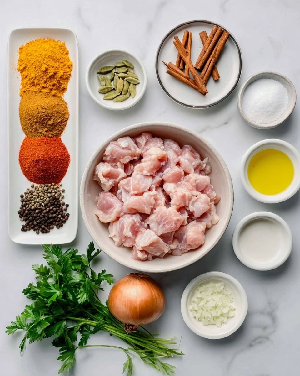 The image shows a white bowl filled with small pieces of raw chicken in the center, surrounded by various small white bowls and plates containing different spices and ingredients. To the left, there is a white rectangular plate with six different powdered spices arranged in neat rows, showing colors like bright yellow, brown, and red. Above, there is a small round white plate holding a mix of cinnamon sticks, black peppercorns, and green cardamom pods. On the upper right, there are separate small white bowls with white granulated sugar, cream, lemon juice, finely chopped garlic, and a whole orange onion. Fresh green parsley is placed at the bottom near the chicken bowl. All items are placed on a white marbled surface. photo taken with an iphone --ar 4:5 --v 7