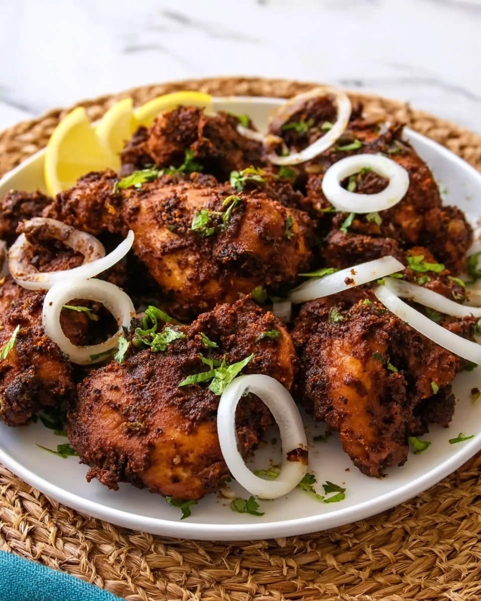 A white plate filled with several pieces of dark brown fried chicken, each piece showing a crispy and roughly textured outer layer with visible spices. Scattered thin slices of white onion rings lie on top of the chicken, along with small green herb bits sprinkled across the dish. In the background, a sliced lemon is partly visible on the edge of the plate. The plate sits on a white marbled surface with a woven mat underneath it. photo taken with an iphone --ar 4:5 --v 7