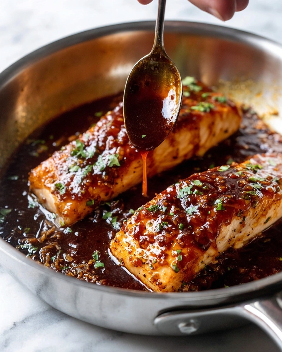 Two cooked fish fillets with golden brown crust sit in a silver pan with shiny reflective sides. The fillets are covered with a thick, glossy dark brown sauce being drizzled from a small spoon held by a woman's hand. Small green herb pieces are sprinkled on the fillets, adding contrast to the rich sauce. The inside of the pan has some caramelized bits and sauce residue, giving a savory, cooked look. The background is a white marbled texture. photo taken with an iphone --ar 4:5 --v 7