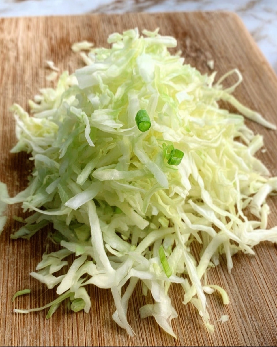 A small pile of thinly shredded pale green cabbage is placed on a wooden board, with a few tiny green onion slices scattered on top. The cabbage strands show a fresh, crisp texture with soft shadows. The background is a white marbled surface visible near the edges of the board. photo taken with an iphone --ar 4:5 --v 7
