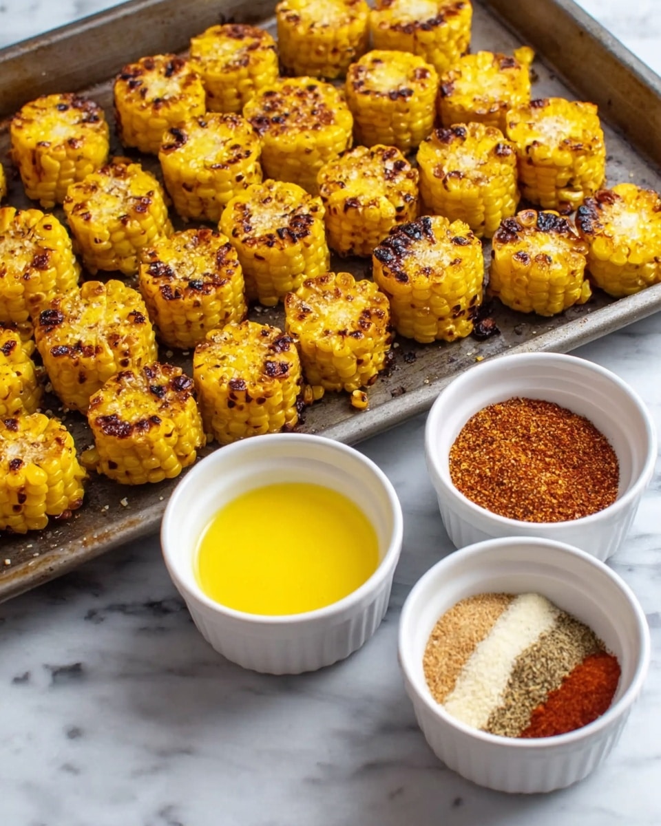 The image shows many small round pieces of grilled corn with a golden yellow color and bits of brown char on the outside, arranged neatly on a metal baking tray. In front of the tray, there are two small white bowls, one filled with a bright yellow liquid and the other holding a mix of spices in shades of red, brown, and beige. The whole setup is on a white marbled surface. photo taken with an iphone --ar 4:5 --v 7
