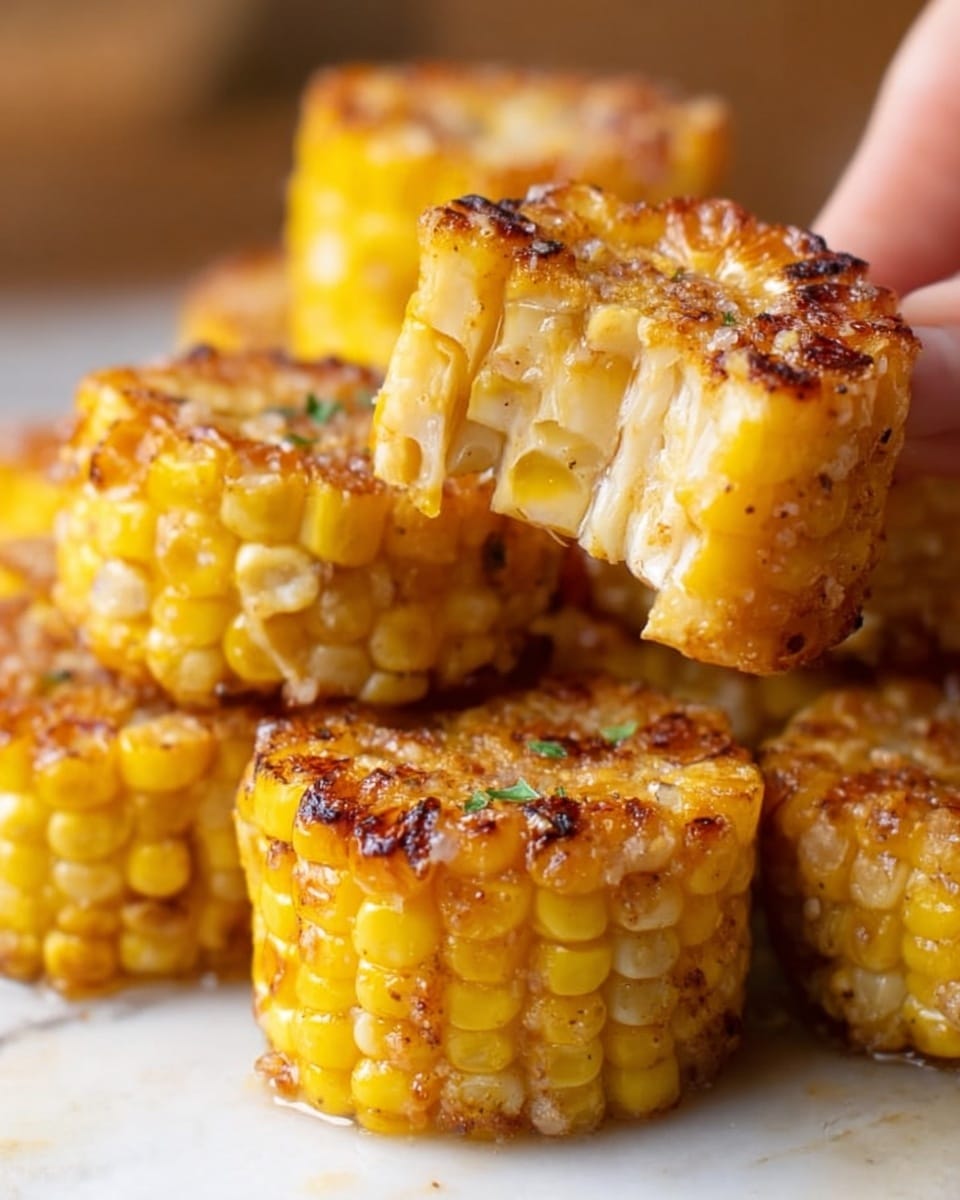 The image shows a white round plate filled with several slices of grilled corn on the cob arranged closely together. Each slice is golden yellow with a slightly charred texture and some darker spots showing the grilled marks. The corn kernels look plump and juicy, with some areas showing a light sprinkle of seasoning or spices, giving a slightly crispy crust on top. A small green sprig of parsley is placed near the edge of the plate for contrast. The plate sits on a white marbled surface. photo taken with an iphone --ar 4:5 --v 7