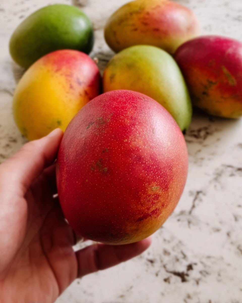 A close-up of a woman's hand holding a large mango with a smooth skin that is mostly red with some yellow spots. In the background, there are several more mangoes in different colors including green, red, and yellow, all resting on a white marbled surface. The focus is on the foreground mango, making the other mangoes appear soft and blurred. The image gives a fresh and natural feeling. Photo taken with an iphone --ar 4:5 --v 7