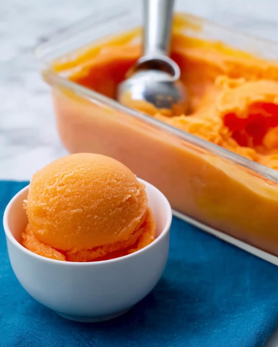 The image shows three scoops of bright orange sorbet with a smooth and slightly grainy texture, placed closely together inside a clear glass bowl. A spoon sits behind the sorbet, partially visible. The background is a white marbled surface. photo taken with an iphone --ar 4:5 --v 7