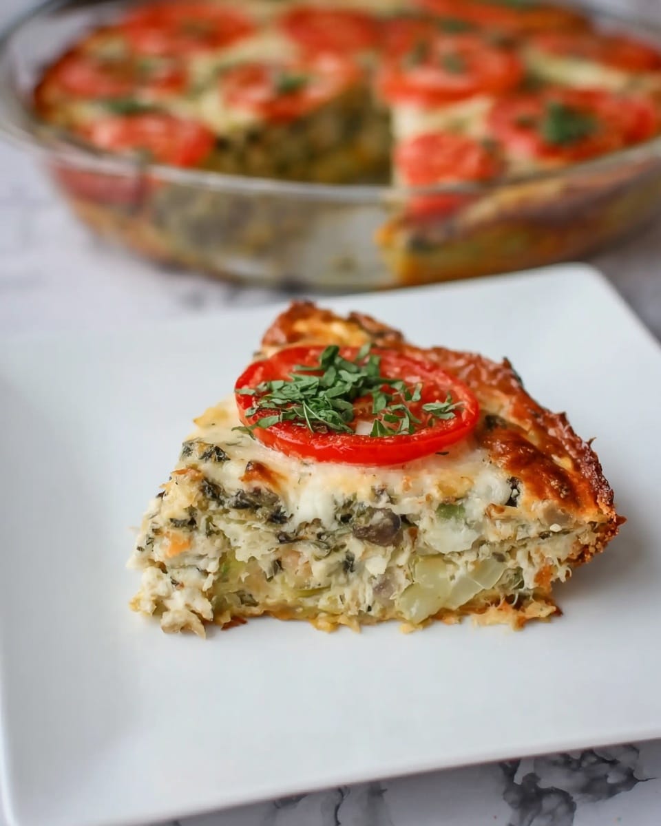 The image shows a slice of baked dish on a white square plate with a white marbled surface underneath. The dish has multiple layers: the bottom layer is creamy and pale with bits of green herbs mixed in, the middle layer is filled with soft cooked green vegetables and small chunks of a light-colored ingredient, and the top layer is covered with melted cheese that is golden brown in spots. On top of the slice are thin red tomato slices and a small bunch of fresh green herbs for garnish. In the background, a round glass baking dish with the rest of the same layered dish is visible. A woman's hand is holding the plate near the edge. Photo taken with an iphone --ar 4:5 --v 7