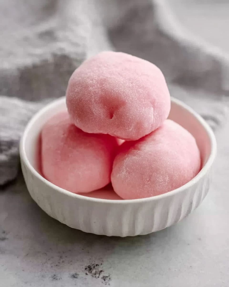 The image shows three pink mochi balls stacked in a white bowl with soft ridges around the edge. Each mochi ball is smooth and round with a slightly soft texture, and the pink color is even all over the surface. The bowl sits on a white marbled surface with a light gray cloth visible in the background. The overall look is clean and gentle, focusing on the soft pastel color of the pink mochi. photo taken with an iphone --ar 4:5 --v 7