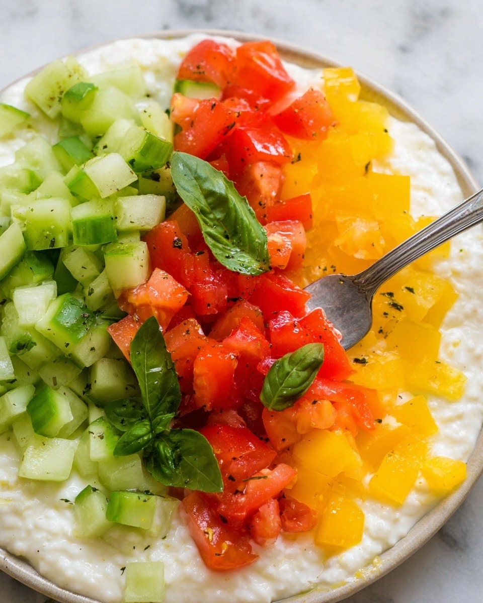 A close-up shot of a dish with three main layers on a white marbled surface. The bottom layer is a creamy white texture that looks soft and smooth. On top, there are three sections of finely chopped vegetables: light green cucumber pieces on the left, bright red tomato cubes in the middle, and yellow bell pepper cubes on the right. All the vegetables are garnished with small pieces of fresh green basil leaves. A silver fork is seen piercing some of the tomato cubes from the middle layer. The lighting is natural, making the colors vivid and fresh. photo taken with an iphone --ar 4:5 --v 7