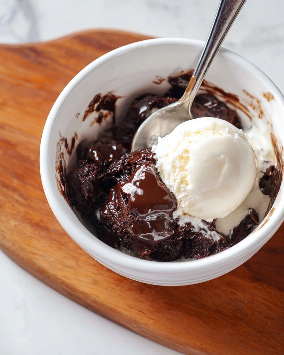 A white bowl filled with a rich dark chocolate dessert that looks thick and melted, with some glossy and chunky texture. On top of the chocolate, there is a dollop of creamy white ice cream slowly melting and mixing with the chocolate. A silver spoon is placed inside the bowl, slightly covered with the chocolate mixture. The bowl sits on a wooden board, and the whole scene is set on a white marbled surface. photo taken with an iphone --ar 4:5 --v 7