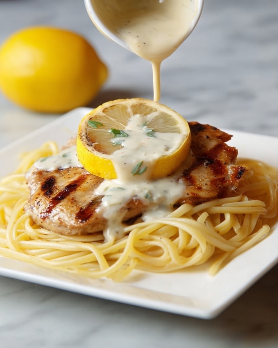 A white square plate on a white marbled surface holds three layers of food. At the back, there is a pile of light yellow pasta with smooth, long strands. In the middle, a grilled piece of meat with a golden brown and slightly crispy texture lies flat on the plate. On top of the meat, a half lemon with a bright yellow peel and pale inside sits with creamy white sauce being poured over it, dripping down onto both the lemon and meat. The sauce is smooth and thick, flowing from above. Photo taken with an iphone --ar 4:5 --v 7