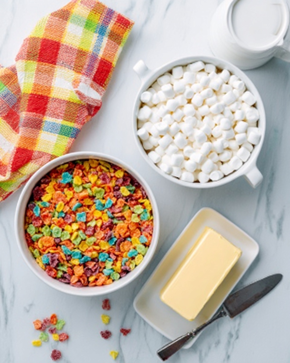 The image shows a white bowl filled with colorful fruity cereal pieces on a white marbled surface. Next to it is another white bowl full of small, white marshmallows. Nearby, there is a small rectangular white dish holding a block of butter with a butter knife resting on it. A white container with a lid is partially visible beside the butter dish. A colorful checkered cloth with red, yellow, green, and white stripes is placed on the left side of the image. The scene is bright and clean. Photo taken with an iphone --ar 4:5 --v 7