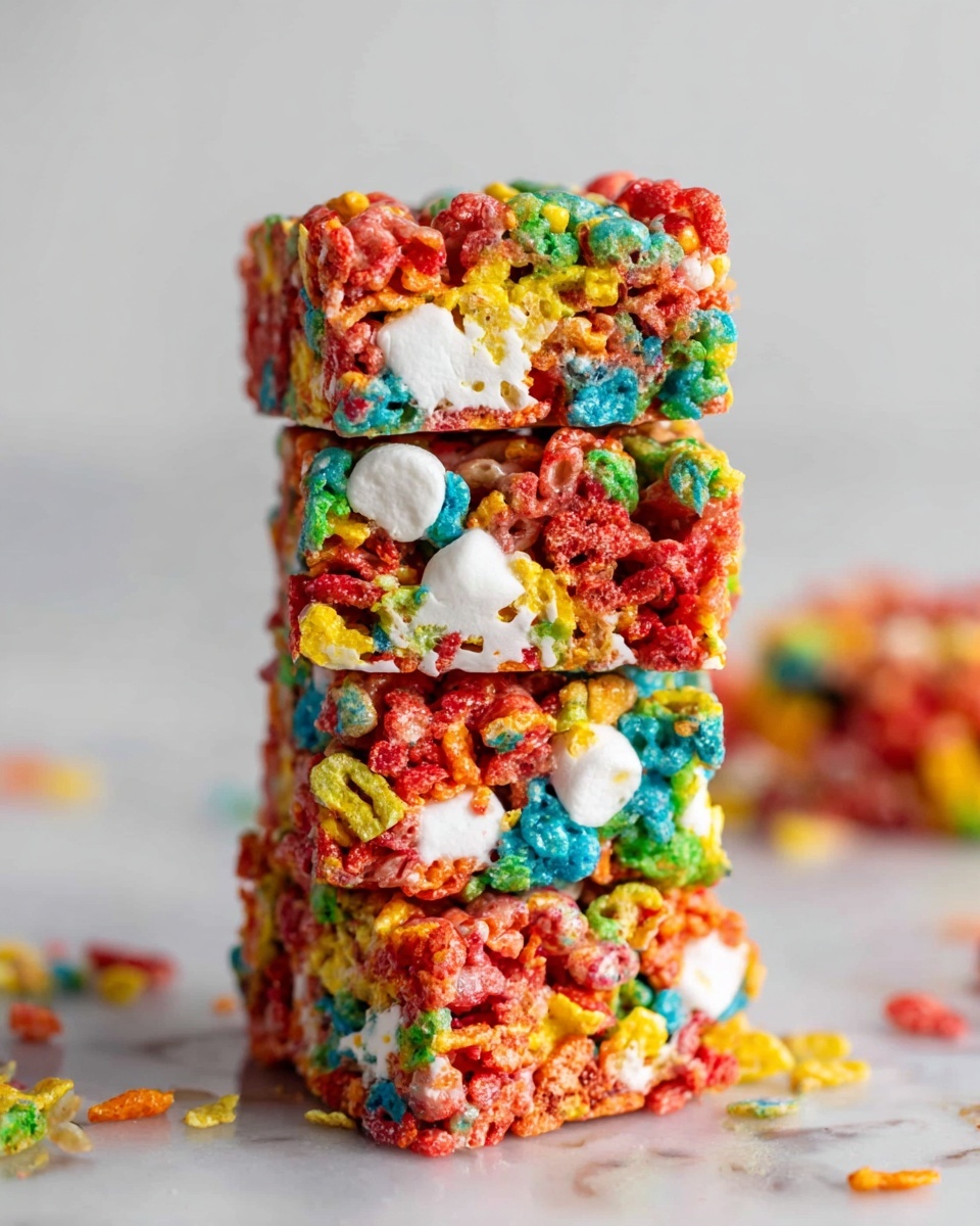 A stack of three thick colorful cereal treats made from bright red, green, yellow, blue, and orange cereal pieces mixed with white marshmallows is shown. The treats appear chewy and sticky with visible marshmallows embedded, and bits of cereal scattered around the white marbled surface. The stack stands upright, with a soft and slightly glossy texture from the binder holding the pieces together. The background is blurred with a clean white color that helps the vibrant colors of the treats stand out. photo taken with an iphone --ar 4:5 --v 7