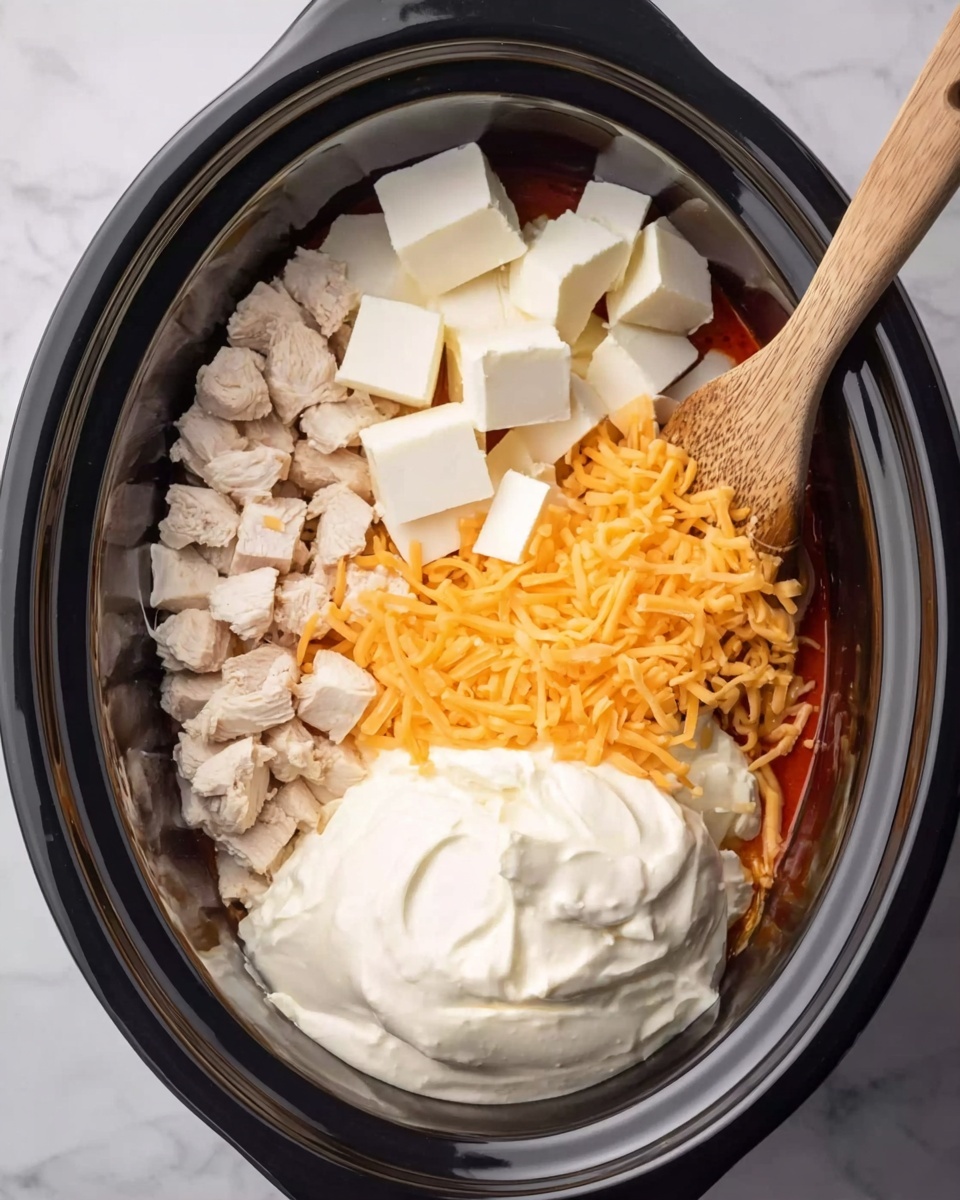The image shows a black slow cooker filled with four distinct layers of ingredients arranged separately inside. On the bottom left, there is a layer of small pieces of cooked white chicken. Next to it, moving clockwise, is a mound of smooth white sauce with a creamy texture. Above this sauce, cubed white cream cheese pieces are stacked in a small pile. Between the chicken and cream cheese, there is a layer of shredded orange cheddar cheese spread evenly. A wooden-handled spatula rests on the edge of the cooker. The background is a white marbled surface. Photo taken with an iphone --ar 4:5 --v 7