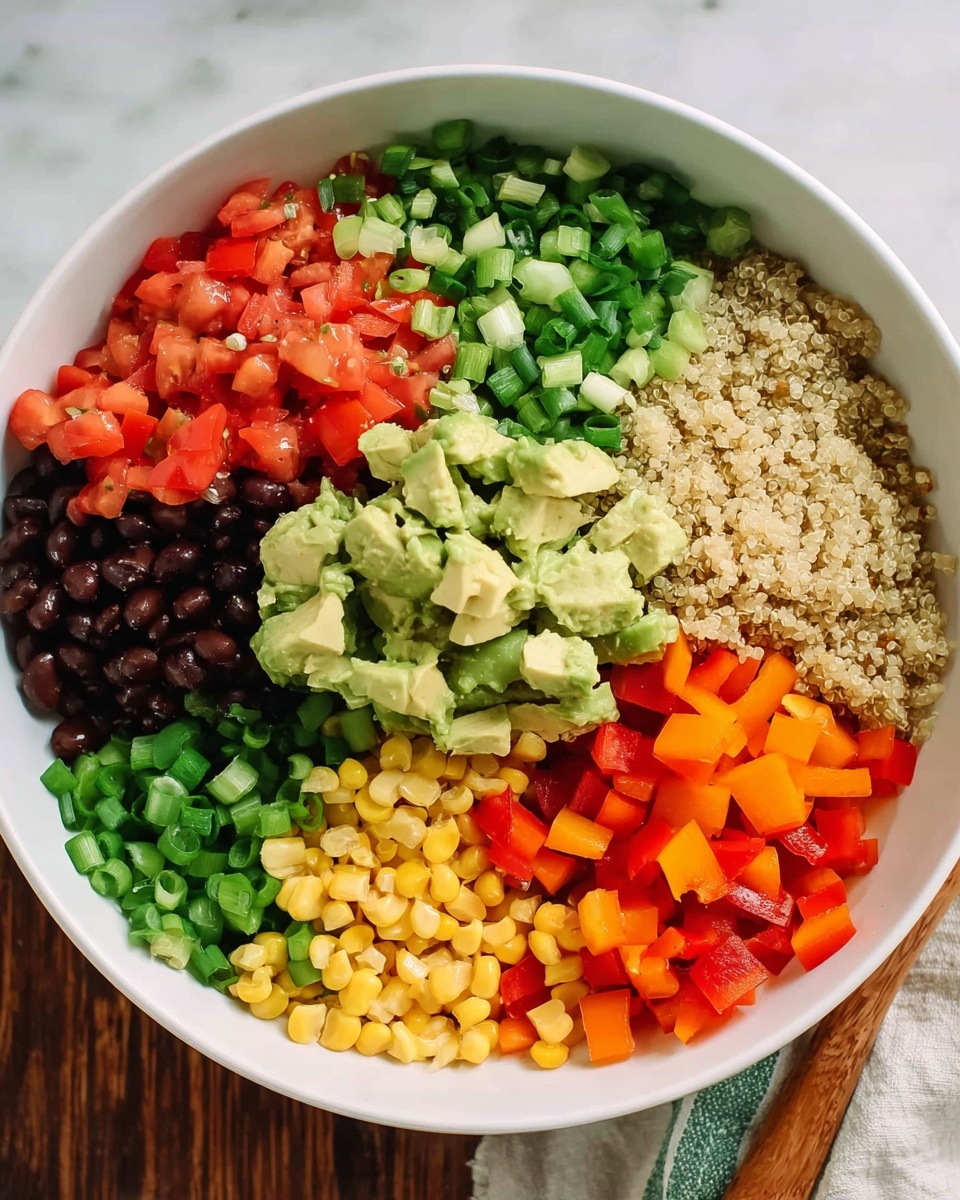 A white bowl shows seven layers of fresh salad ingredients, each layer placed side by side forming a ring. There is a layer of finely chopped red tomatoes, a light beige layer of quinoa with small green pieces, a bright green ring of chopped green onions, a group of shiny black beans, diced orange bell peppers mixed with some green bell peppers, a pile of small yellow corn kernels, and in the center, a chunky layer of pale green avocado pieces. The bowl sits on a white marbled surface with a woman’s hand holding a wooden spoon in the bottom corner. Photo taken with an iphone --ar 4:5 --v 7