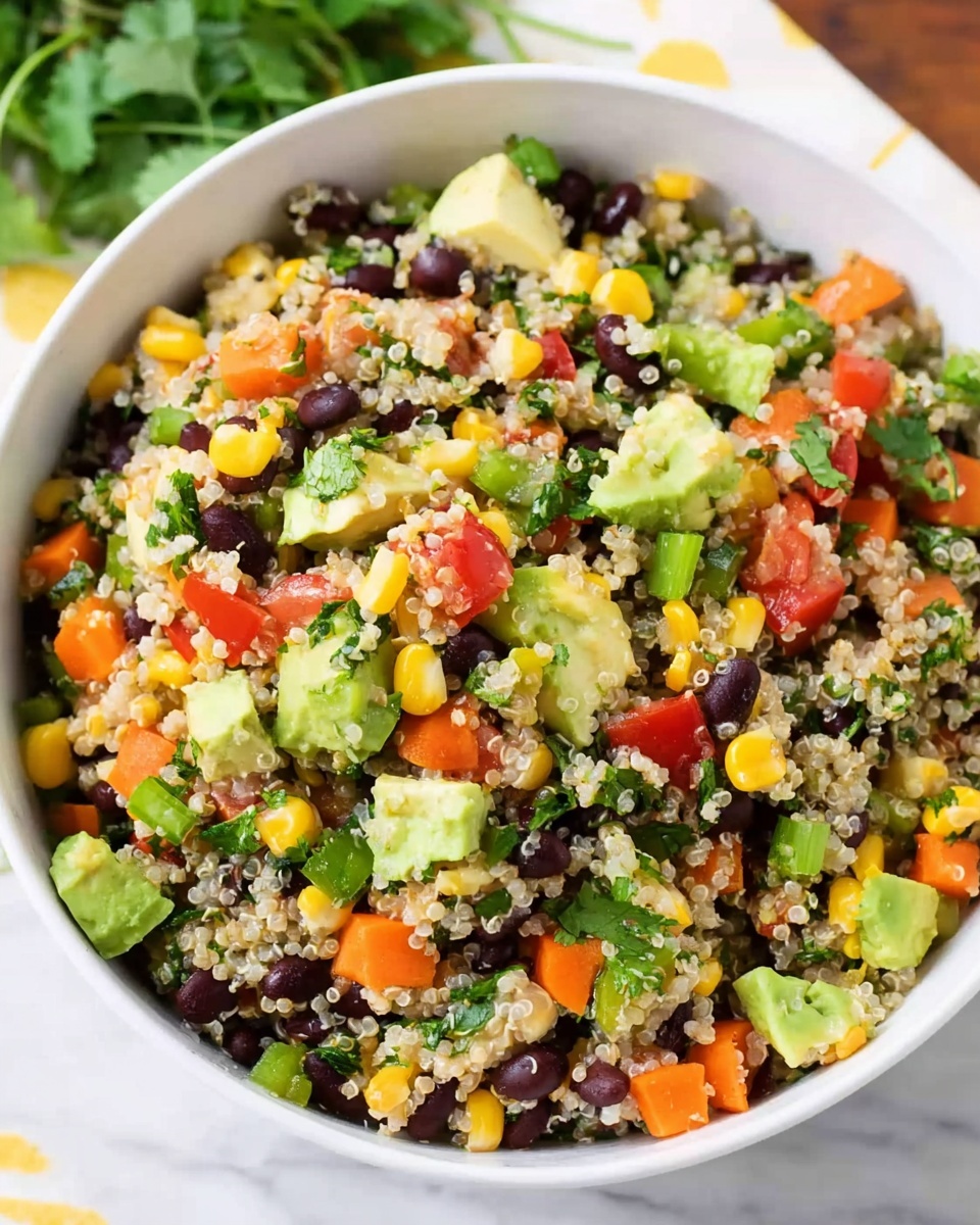 The image shows a white bowl filled with a colorful quinoa salad on a white marbled surface. The salad has many layers and textures: the base layer is a fluffy, light beige quinoa mixed evenly throughout. Scattered all over are small, shiny black beans providing a rich dark contrast. Bright yellow corn kernels and diced orange carrots add warmth and depth in color. Chopped green vegetables like celery and bits of green pepper are mixed in, giving a fresh, crunchy look. On top, there are diced red tomatoes and chunks of light green avocado, making the dish look vibrant and fresh. In the background, fresh leafy cilantro adds a touch of green. Photo taken with an iphone --ar 4:5 --v 7
