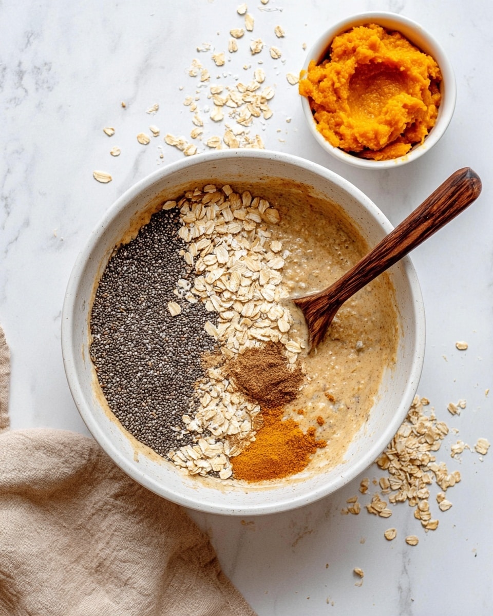A white bowl sits on a white marbled surface, filled with a thick light brown batter base. On top of the batter, there are three distinct layers: a pile of black chia seeds covering about one-fourth of the surface, a layer of pale beige rolled oats surrounding the chia seeds covering about half the surface, and two small piles of ground spices in rich warm brown and golden tan colors next to the oats. A wooden spoon with a dark wood grain pattern rests inside the bowl, partly dipped into the mixture. Nearby, a small white bowl holds bright orange mashed puree. Some scattered oats lie on the white marbled surface around the bowls, with a beige cloth partially visible at the bottom left corner. Photo taken with an iphone --ar 4:5 --v 7