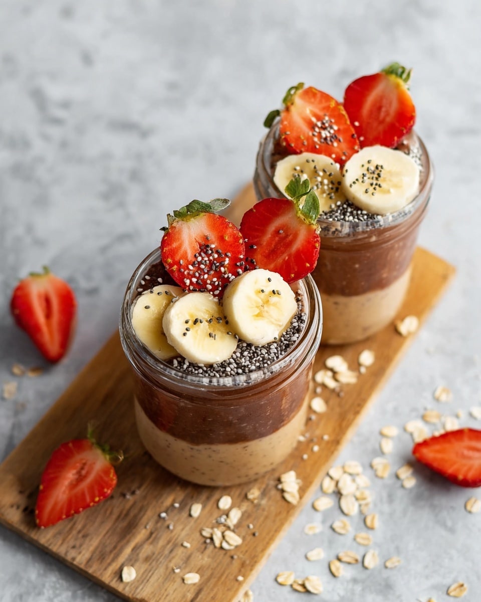 Two clear glass jars sit on a light brown wooden board placed on a white marbled surface. Each jar has three visible layers: a bottom creamy layer, a middle thick dark brown layer with a smooth texture, and a top layer decorated with fresh fruit slices and seeds. On top of each jar, there are two halves of bright red strawberries with green leaves and three pale yellow banana slices sprinkled with small black chia seeds. Scattered around the jars on the board and surface are loose oats, strawberry halves, and banana slices. photo taken with an iphone --ar 4:5 --v 7