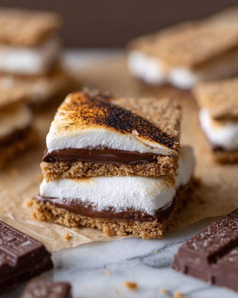 A close-up of a s'mores sandwich with three distinct layers visible inside a triangular shape: the bottom and top layers are light brown crispy cookies with a crumbly texture, the middle layer is a thick smooth dark chocolate, and just above the chocolate is a white fluffy marshmallow layer that looks soft and slightly melted. Next to the sandwich is one large toasted marshmallow with a dark brown toasted surface. The s'mores pieces are placed on light brown parchment paper, set on a surface with a white marbled texture. In the background, more s'mores sandwiches are blurred out, and part of a dark brown chocolate bar is also visible in the foreground. Photo taken with an iphone --ar 4:5 --v 7