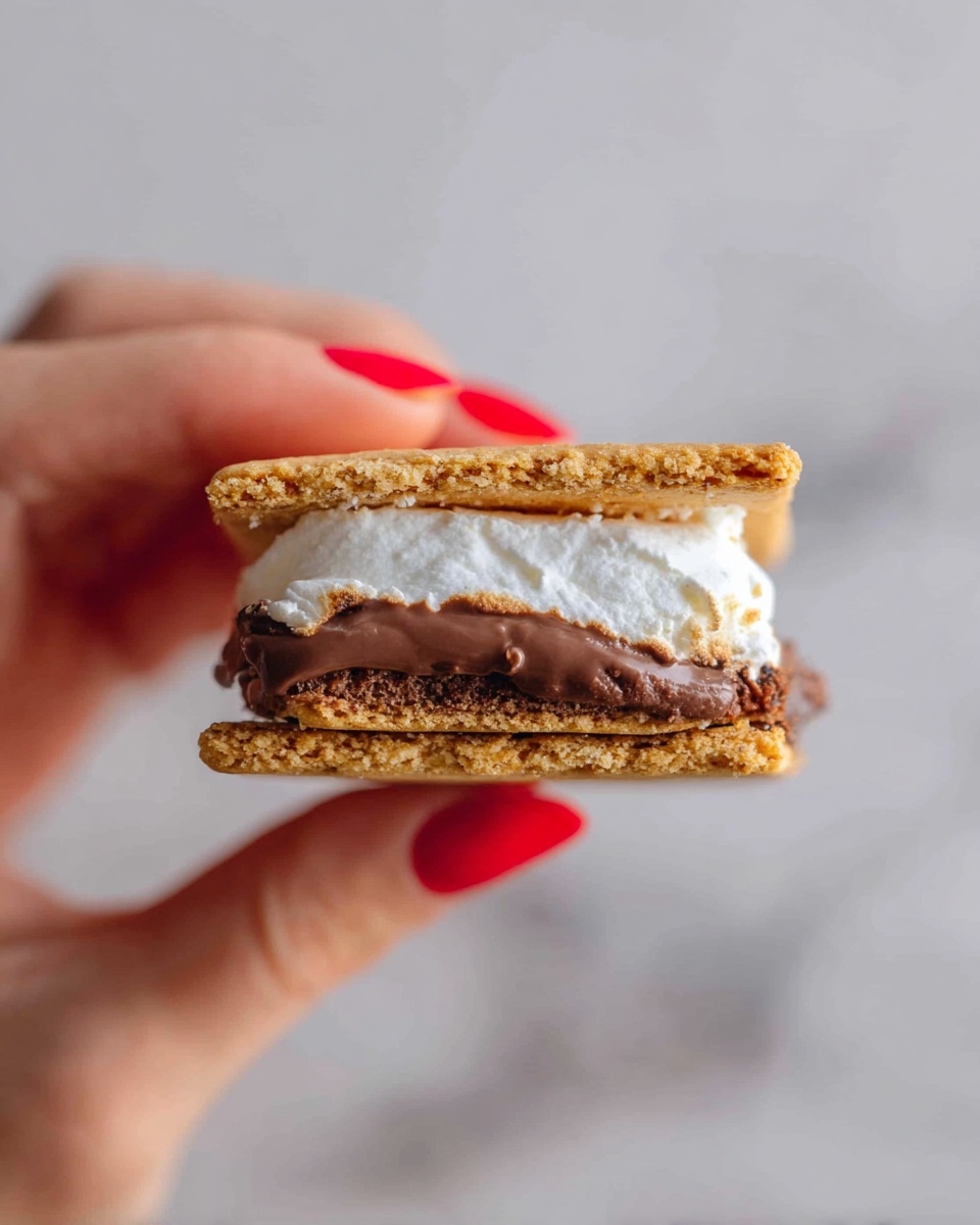 A close-up of a s'mores sandwich held between a woman's thumb and fingers with red nail polish, showing three layers: a golden-brown graham cracker on the top and bottom with a middle layer of thick dark brown chocolate and a layer of white marshmallow fluff just above the chocolate. The background is a white marbled texture, and the photo taken with an iphone --ar 4:5 --v 7
