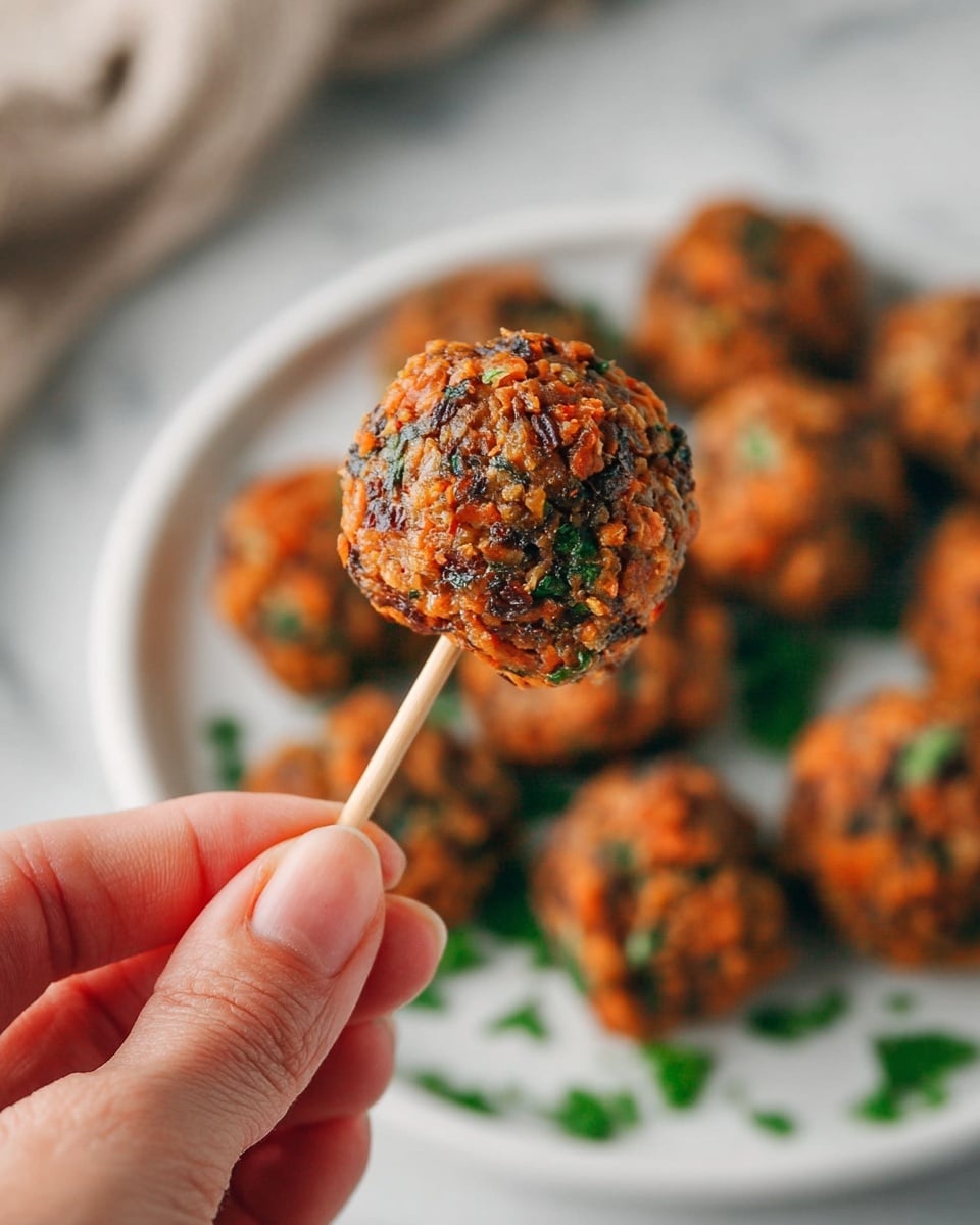 A close-up view shows a woman's hand holding a small round food item on a stick. The food has a rough, textured surface with small pieces of orange and brown mixed with green herbs. It looks moist and chunky. In the blurred background, many similar round pieces are arranged on a white plate on a white marbled surface. Small bits of green herbs are scattered around the plate, adding fresh color. photo taken with an iphone --ar 4:5 --v 7