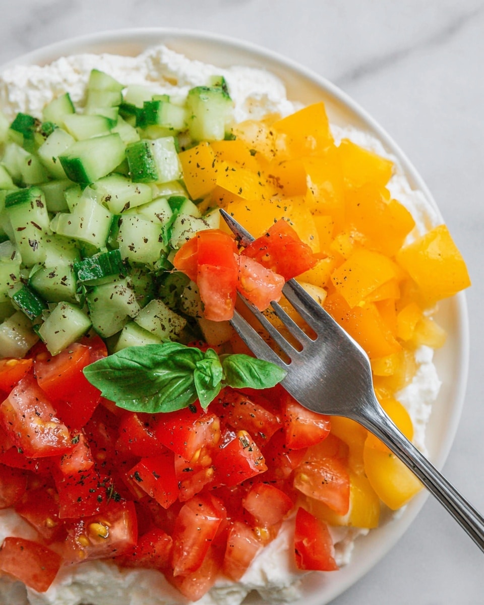 The image shows a close-up of a white plate with a fresh layered salad. At the bottom, there is a creamy white base with a soft texture. On top of this, there are three separate layers of finely chopped vegetables: green cucumbers on the left with small dark green bits of herb, red tomatoes in the middle, and bright yellow bell peppers on the right. Small green basil leaves are scattered over the top adding a fresh touch. A silver fork is placed diagonally across the plate, with its tines picking some tomatoes. The background is a white marbled texture. Photo taken with an iphone --ar 4:5 --v 7