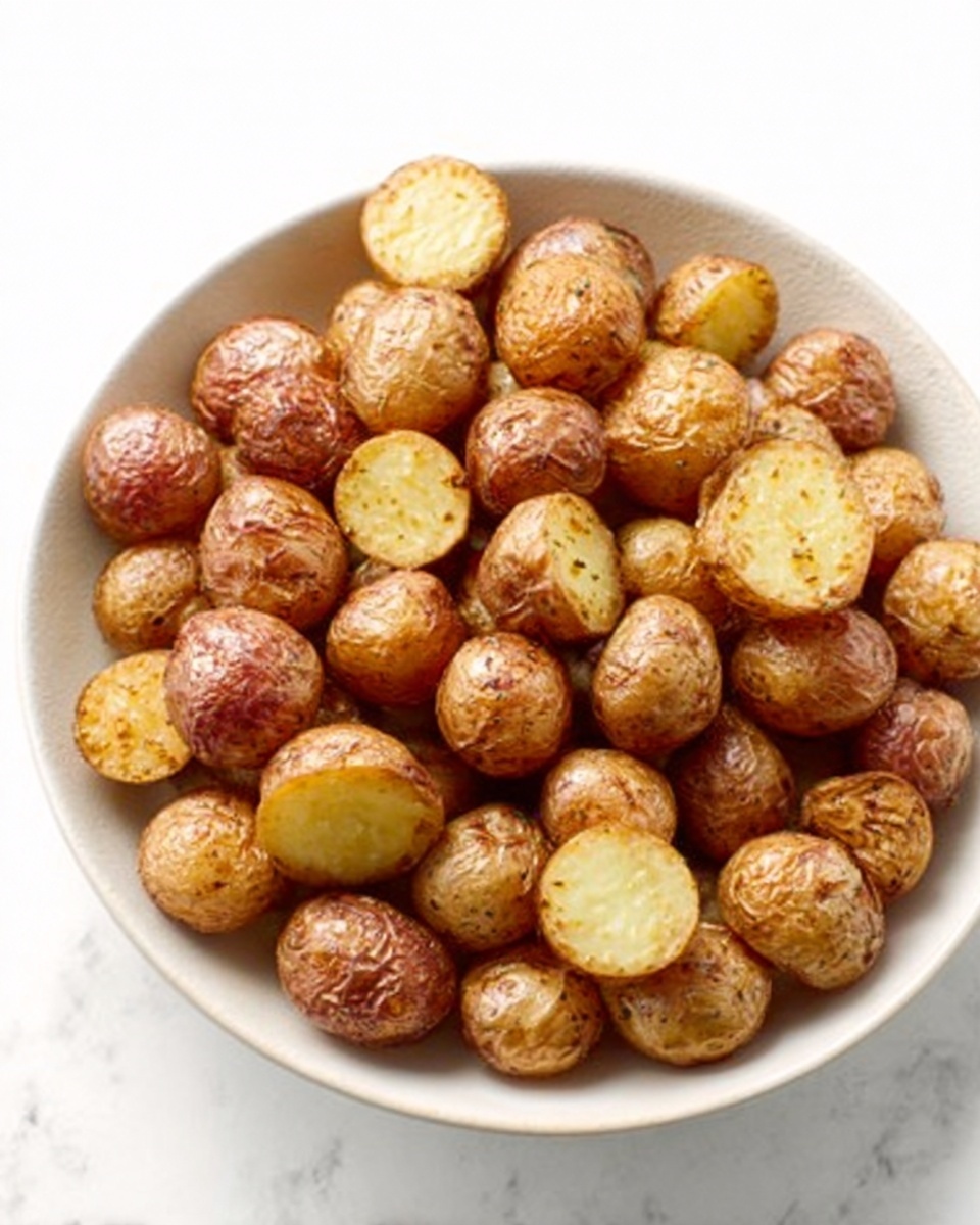 A white bowl filled with many small, round roasted potatoes that have a golden-brown color and crispy texture. Some potatoes are whole, while others are sliced to show their soft, light yellow inside. The bowl sits on a white marbled surface, and the lighting highlights the potatoes’ shiny, slightly oily coating. The potatoes cover the bowl evenly without any extra items visible. photo taken with an iphone --ar 4:5 --v 7