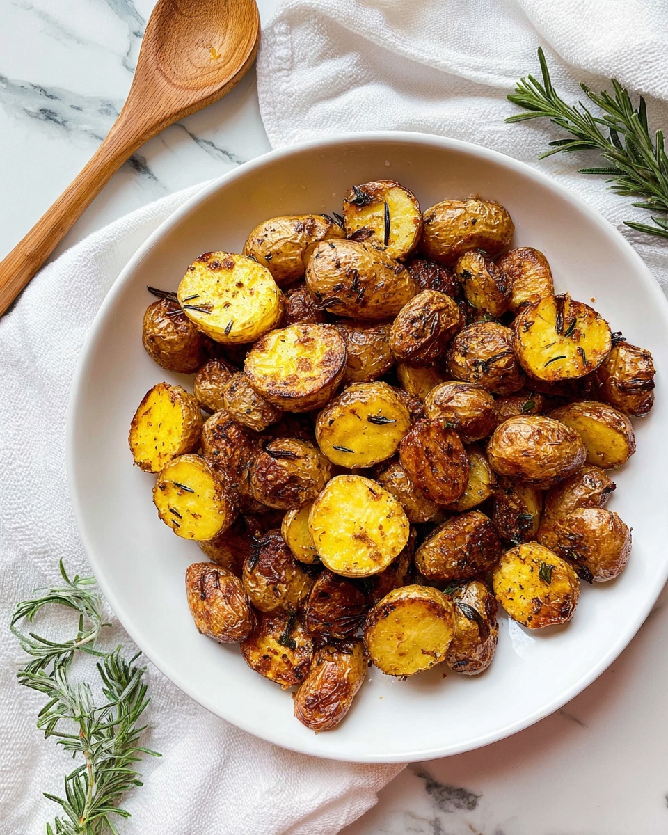 A white round plate is filled with crispy roasted baby potatoes, some whole and some sliced in half, showing a golden yellow inside with a browned, textured skin seasoned with herbs and spices. The potatoes have small rosemary leaves on them, adding dark green accents. The plate rests on a white marbled surface with a white cloth napkin underneath and a wooden spoon placed nearby. A small sprig of fresh rosemary also lies on the cloth beside the plate. Photo taken with an iphone --ar 4:5 --v 7