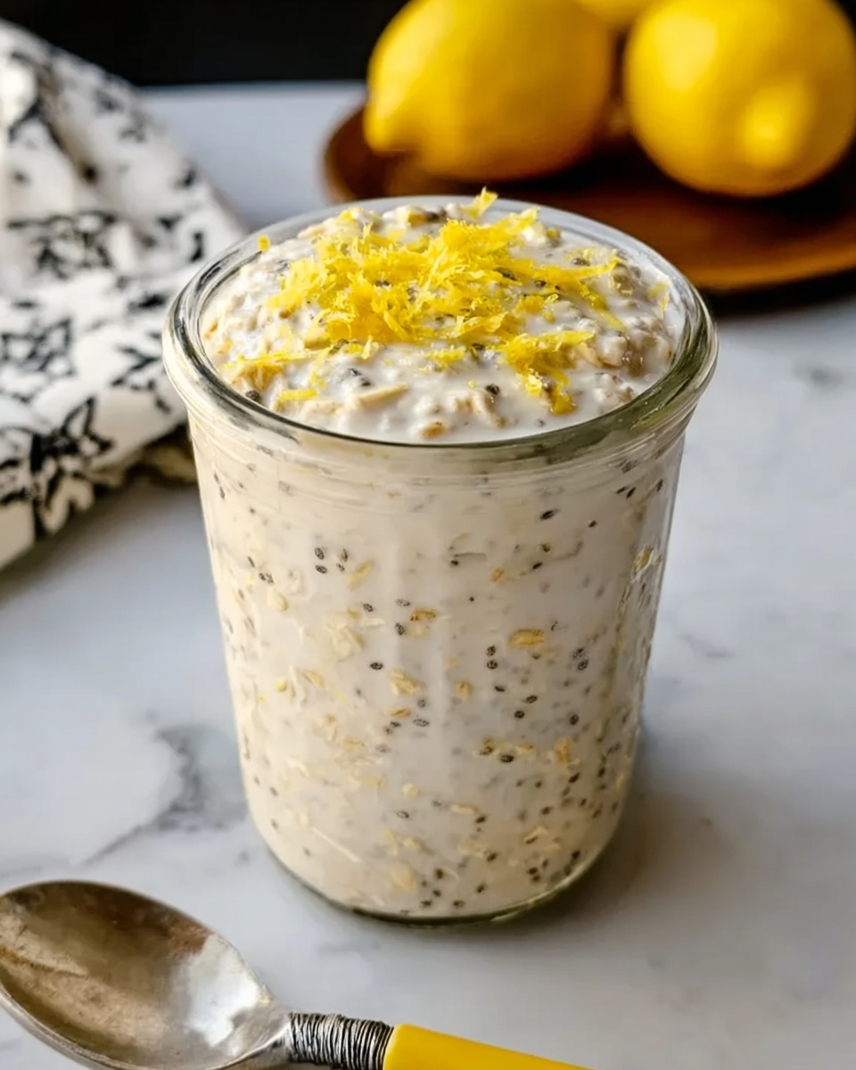 A clear glass jar filled with a creamy, light beige mixture layered with small black poppy seeds and bits of oats, topped with a thick layer of the same mixture that looks rich and textured. On top, there are two thin lemon slices standing upright at the rim, bright yellow with a glossy surface. The topping is sprinkled with fine yellow lemon zest and plenty of small black poppy seeds spread evenly, giving a speckled effect. The jar sits on a white marbled surface scattered with oat flakes and lemon wedges. In the background, there is another similar jar, slightly blurred. photo taken with an iphone --ar 4:5 --v 7