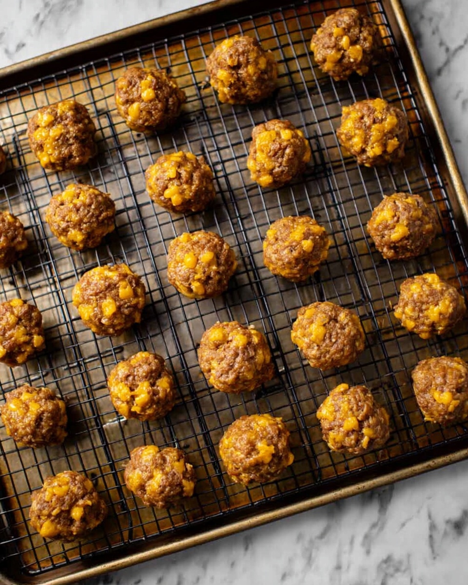 The image shows multiple small round meatballs on a black wire rack, placed over a metal baking tray. Each meatball is textured with small chunks of yellow cheese mixed with the brown meat, creating a speckled look. The meatballs are spaced evenly in rows across the rack. The tray rests on a surface with a white marbled texture. photo taken with an iphone --ar 4:5 --v 7