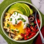 Savory Oatmeal Grain Bowl with Roasted Red Pepper, Olives, and Poached Egg Recipe