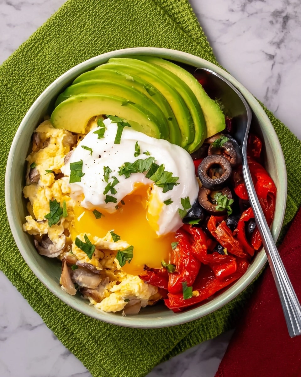 Savory Oatmeal Grain Bowl with Roasted Red Pepper, Olives, and Poached Egg Recipe