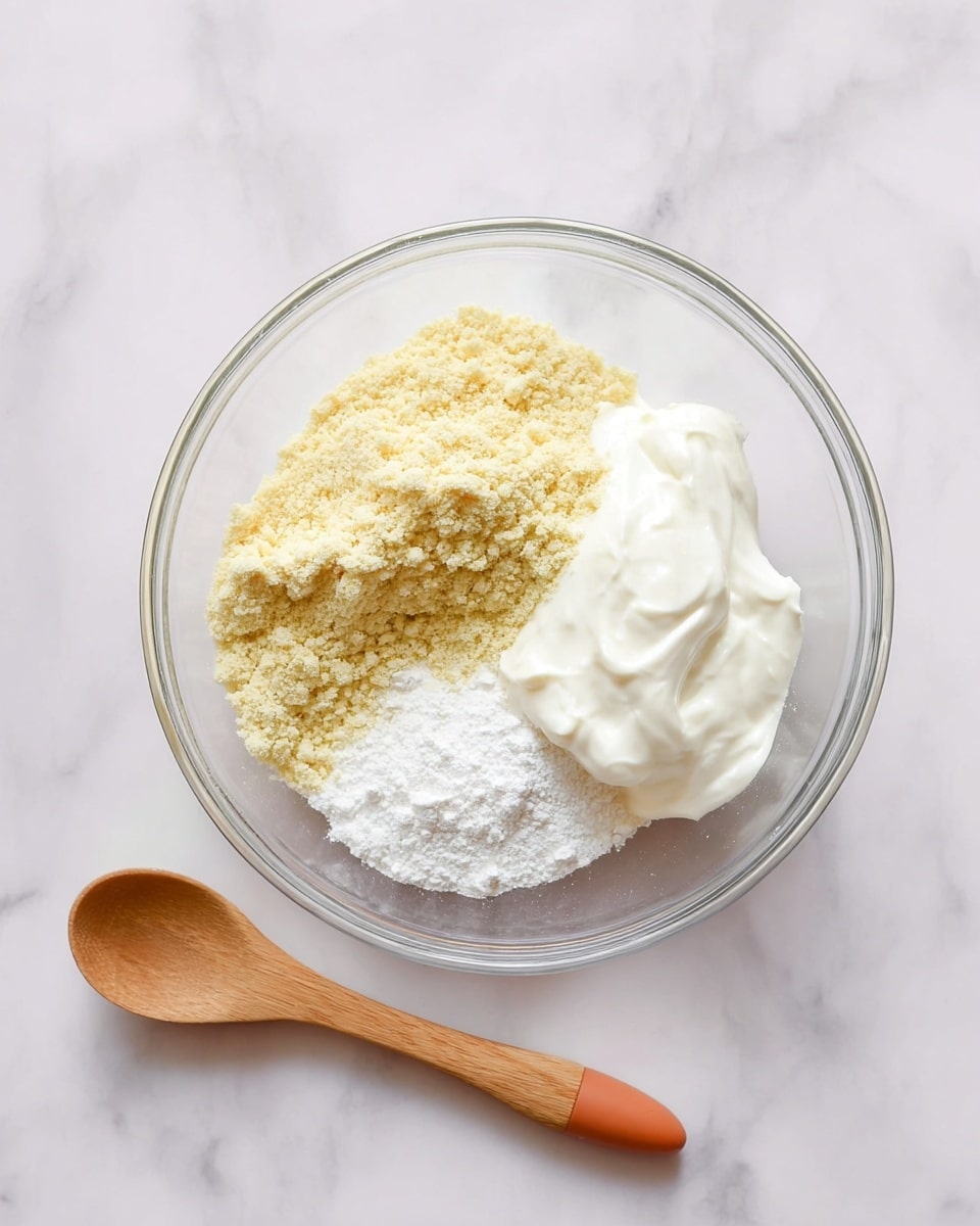 A clear glass bowl sits on a white marbled surface, filled with three separate layers of ingredients that are not mixed. On the left is a light yellow crumbly powder, likely almond flour, with a soft texture. To the right of it is a thick, white creamy element with a smooth texture, probably yogurt or sour cream. At the bottom, filling the smaller remaining space, is a small pile of fine white powder, like baking powder or sugar. Next to the bowl, on the left side, lies a wooden spoon with an orange silicone tip. The photo was taken with an iphone --ar 4:5 --v 7