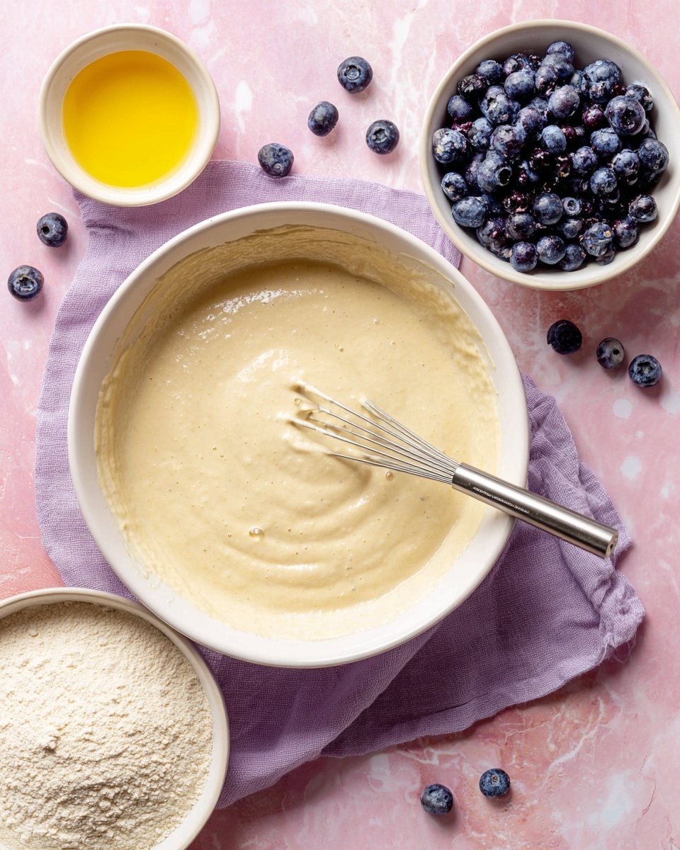 A large bowl of creamy, pale beige batter with a smooth and slightly lumpy texture sits in the center, with a metal whisk inside stirring the mixture. To the right, there is a white bowl filled with dark blue, round blueberries with a matte finish. Above, a small white bowl holds bright yellow melted butter with a slightly bubbly surface. Below, another white bowl contains a light beige powdery flour, showing a soft, fine texture. All items rest on a soft, light purple cloth over a pink background with a white marbled texture, scattered with a few loose blueberries photo taken with an iphone --ar 4:5 --v 7