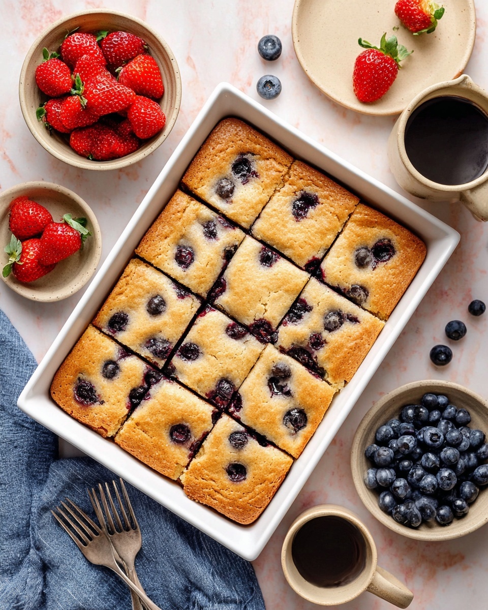 A white rectangular tray holds a baked golden-brown blueberry cake sliced into nine square pieces, with whole blueberries visible on the surface, showing a soft texture. Around the tray, on a white marbled surface, there is a beige bowl full of fresh red strawberries to the left, a similar beige bowl filled with plump blueberries to the right, and a beige cup filled with dark coffee near the top right. A beige plate with a strawberry and some blueberries is near the top center, while part of a white plate with metal forks and a blue cloth napkin is at the bottom. Photo taken with an iphone --ar 4:5 --v 7
