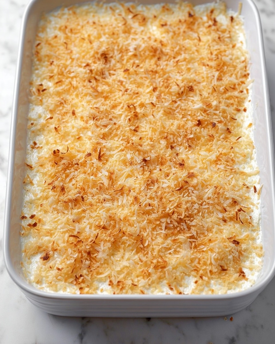 The image shows a rectangular white baking dish filled with a thick, creamy layer topped with a golden-brown toasted shredded texture that looks like toasted coconut or cheese, giving a light crisp look. The top layer is evenly spread, covering the whole surface with some small toasted spots creating a subtle gradient of golden and white colors. The dish is placed on a white marbled surface, filling the frame with a close-up view of the texture on top. photo taken with an iphone --ar 4:5 --v 7