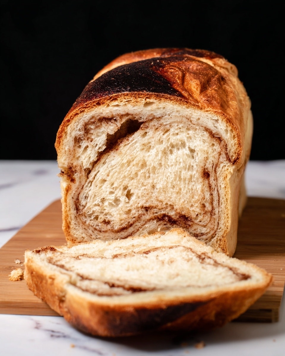 The image shows a loaf of cinnamon swirl bread with one slice cut and lying flat in the front. The bread has two main layers: the outer crust is dark golden brown and crispy with a slightly burnt top edge, while the inside is soft and light beige with a visible swirl of cinnamon brown running through the middle of each slice. The bread sits on a wooden board placed on a white marbled surface, and the background is black, making the bread stand out clearly. photo taken with an iphone --ar 4:5 --v 7