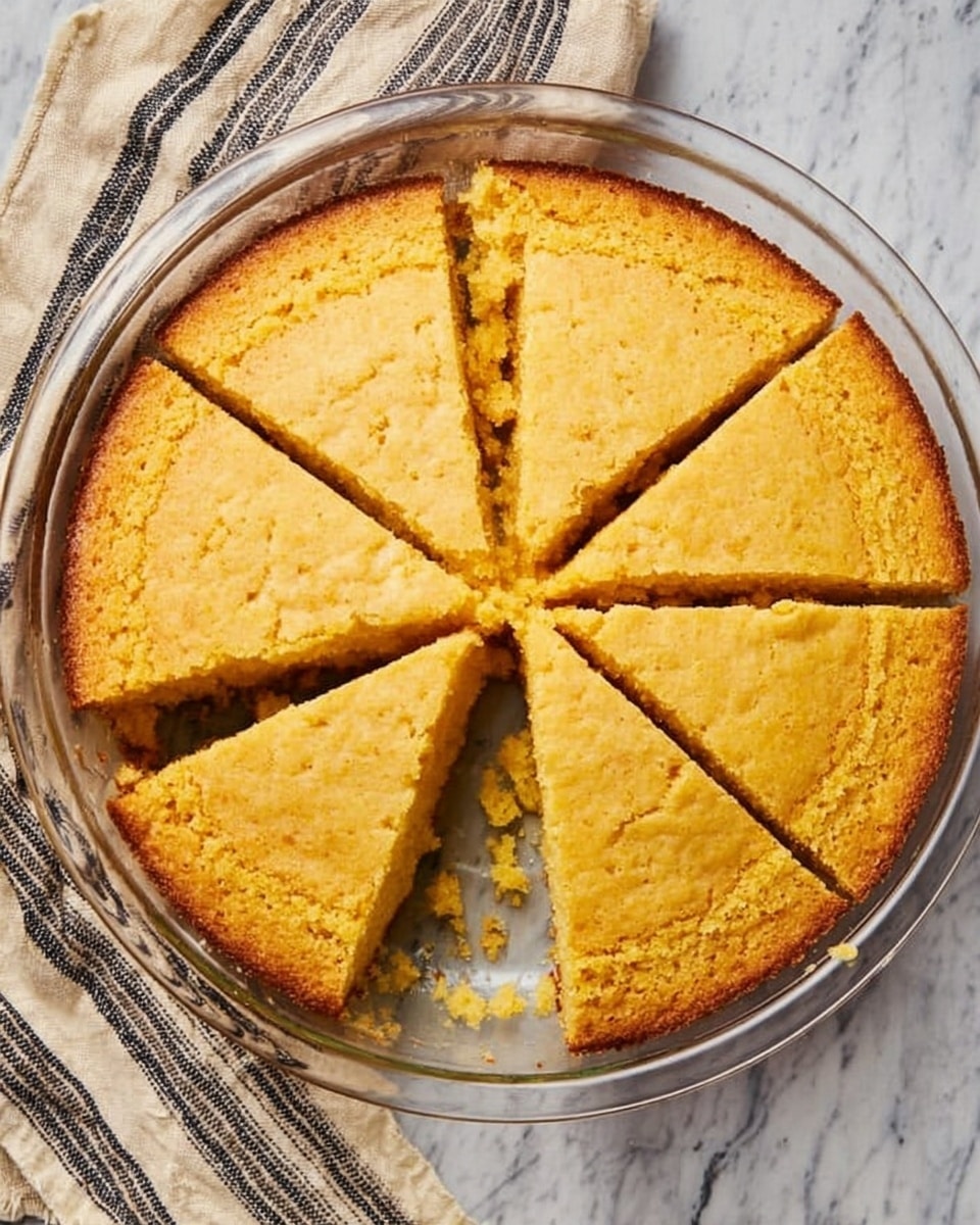 A round cornbread is shown in a clear glass pie dish with eight slices. One slice is removed, revealing a crumbly texture with a golden-brown top layer that is slightly cracked. The dish is placed on a white marbled surface with a light beige fabric with dark stripes beside it. The cornbread has a uniform golden color with a rough texture around the edges and smooth in the middle, with visible crumbs in the empty space where the slice was taken. Photo taken with an iphone --ar 4:5 --v 7