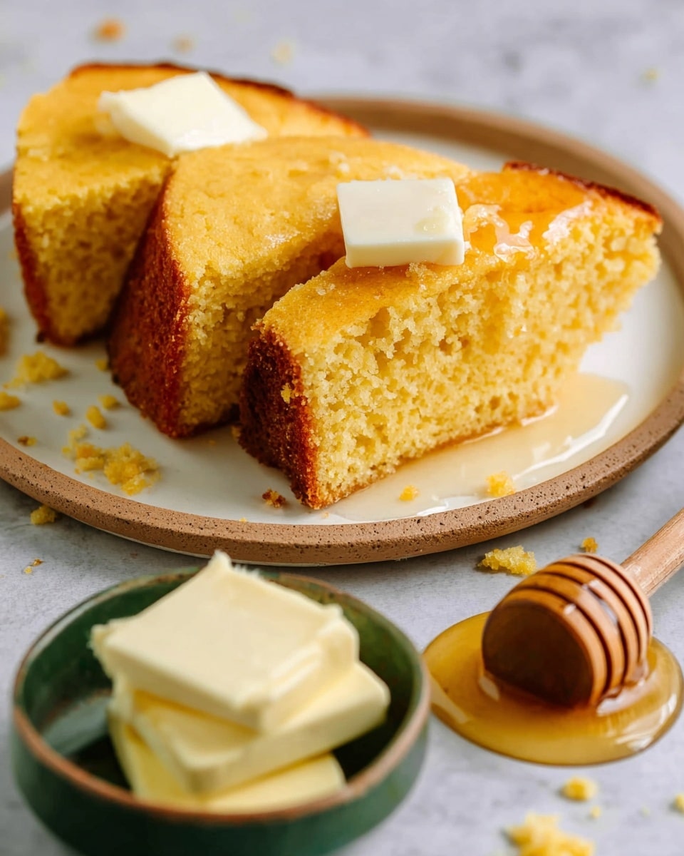 The image shows three golden brown slices of cornbread on a white plate with a white marbled texture background. Each slice has a soft, crumbly texture with a slightly crispy top layer. The front slice is topped with a small square of pale yellow butter that is melting, creating a shiny, smooth layer over the cornbread. There are small crumbs scattered around the plate's surface. To the right of the slices is a wooden honey dipper coated in amber-colored honey that shines in the light. In the foreground are stacked rectangular slices of pale yellow butter in a small bowl. Overall, the colors are warm with shades of golden yellow, brown, and creamy white. Photo taken with an iphone --ar 4:5 --v 7