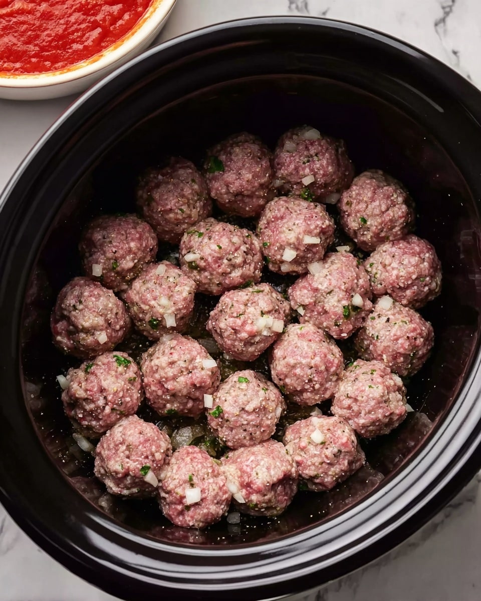 The image shows a black slow cooker filled with small raw meatballs arranged closely together. The meatballs are round and have visible pieces of chopped white onions and green herbs mixed throughout the pinkish meat. The texture looks coarse with specks of seasoning scattered on the surface. The slow cooker is placed on a white marbled background. In the top left corner, a white bowl with red tomato sauce is partly visible. photo taken with an iphone --ar 4:5 --v 7