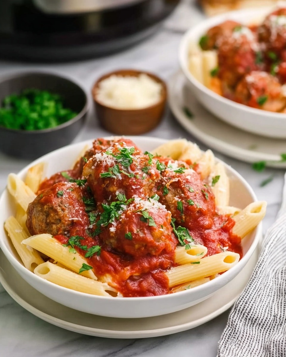 A white bowl filled with cooked penne pasta as the base layer, topped with several round meatballs covered in chunky bright red tomato sauce, sprinkled with small bits of grated cheese and fresh green chopped parsley. The bowl sits on a white plate, all placed on a white marbled surface. In the background, there is another similar bowl with the same pasta and meatballs slightly out of focus, a small black bowl with more green chopped herbs, and a brown bowl with grated cheese, all resting on the same white marbled texture. Photo taken with an iphone --ar 4:5 --v 7
