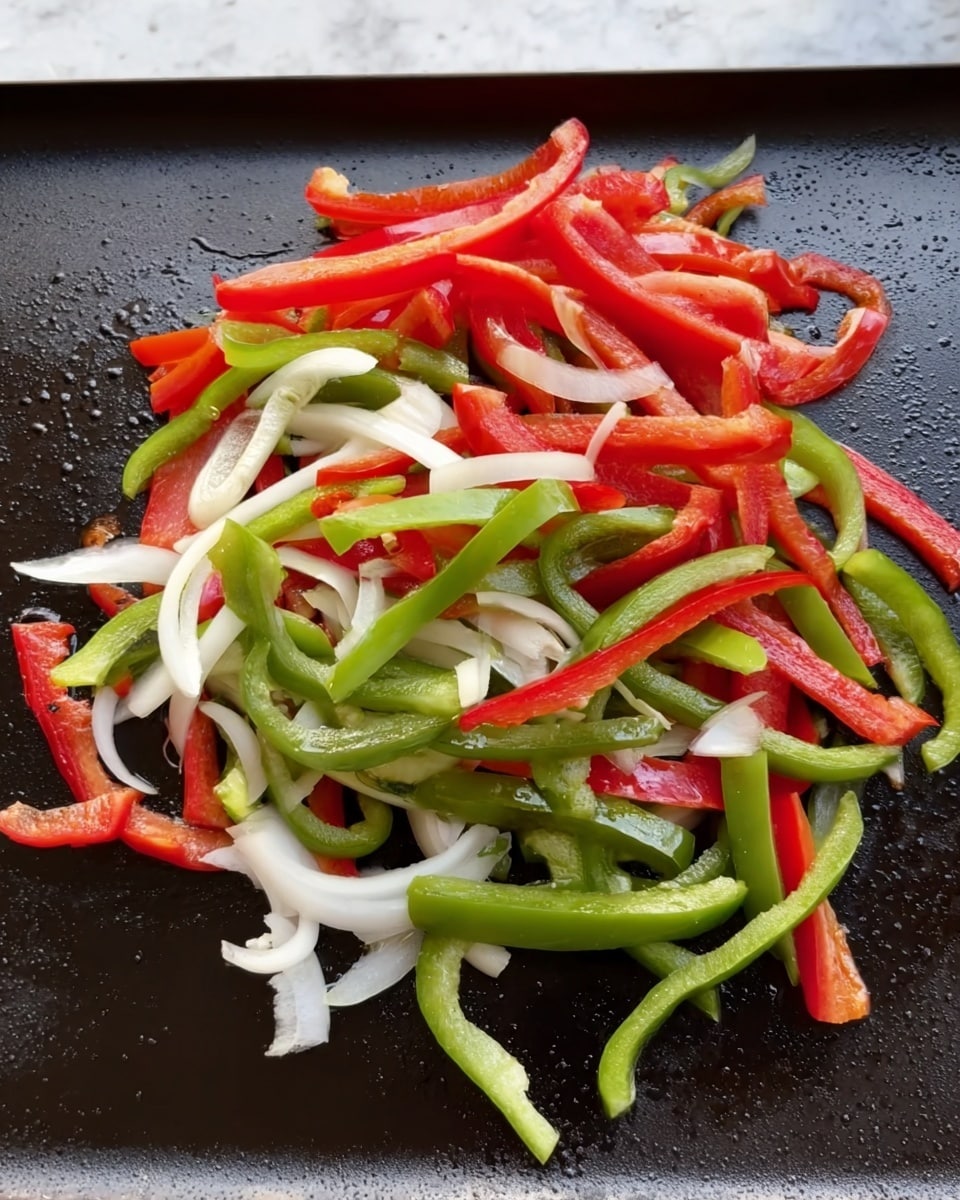 The image shows a flat black cooking surface with thinly sliced red bell peppers, green bell peppers, and white onions spread out in a loose pile. The vegetables have a fresh, crisp appearance with the red and green pepper strips bright and shiny, and the white onion slices soft and slightly translucent. The surface around the vegetables is clean with a slight shine, indicating light cooking oil or moisture. In the background, there is a white marbled texture visible at the edges. photo taken with an iphone --ar 4:5 --v 7