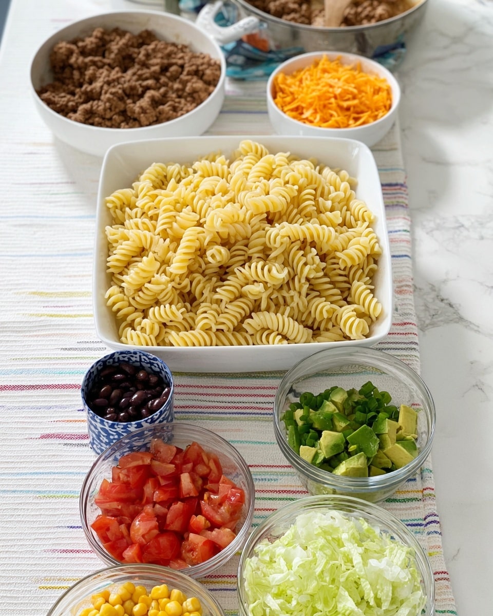 The image shows a white square bowl filled with pale yellow cooked rotini pasta placed in the center on a white marbled surface covered with a striped cloth. Behind it, there is a white frying pan with browned ground meat and to the right a small white bowl with crushed orange chips. In front of the pasta bowl, there are smaller clear bowls and cans with ingredients, including a can filled with black beans, a can filled with yellow corn, a blue and white bowl holding chopped red tomatoes, a clear bowl with chopped green avocado pieces, a clear bowl with chopped green onions, and a white bowl with shredded pale green lettuce. The scene is bright and clean. photo taken with an iphone --ar 4:5 --v 7